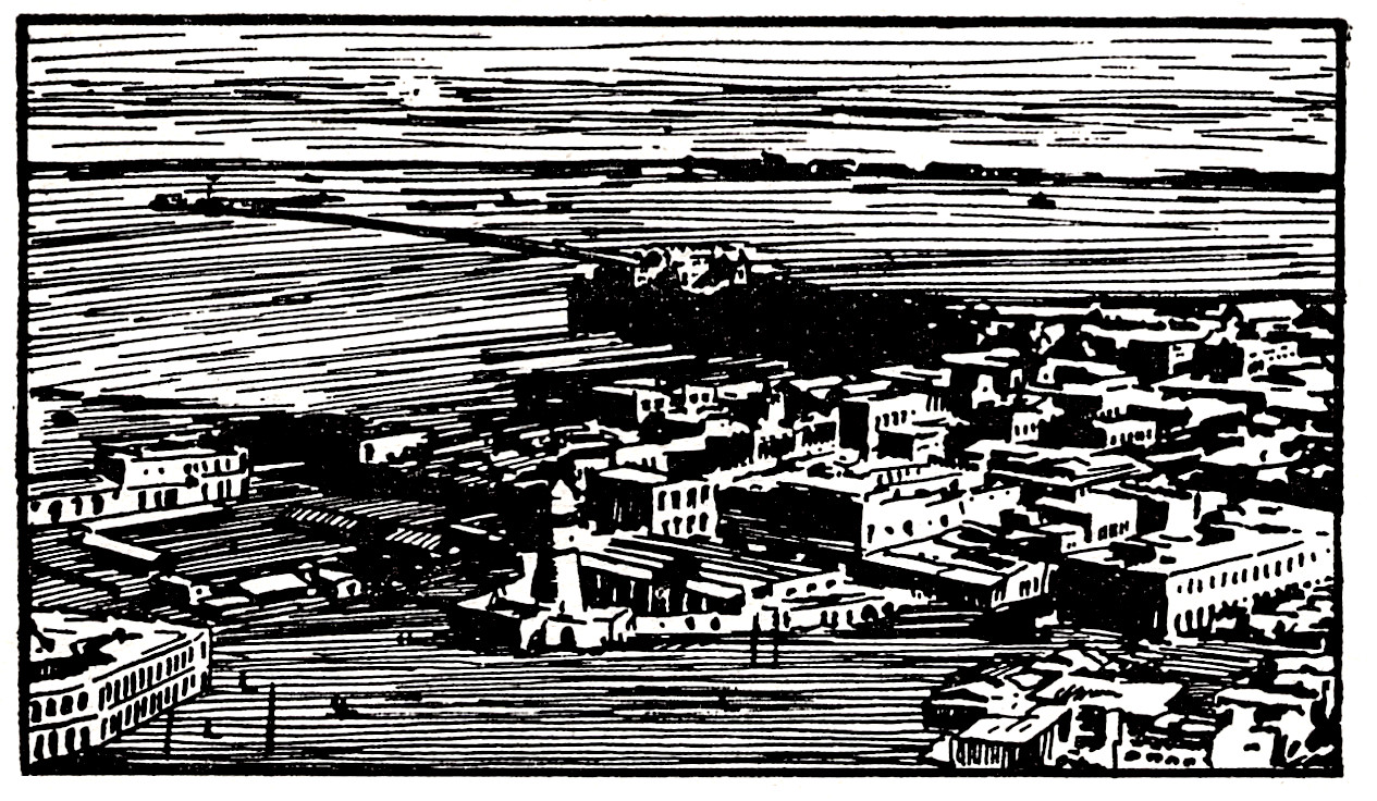 DJIBOUTI : Au centre de la Verdure, le Palais du Gouverneur d’où part la jetée du Gouvernement. Dans le fond, le nouveau port.